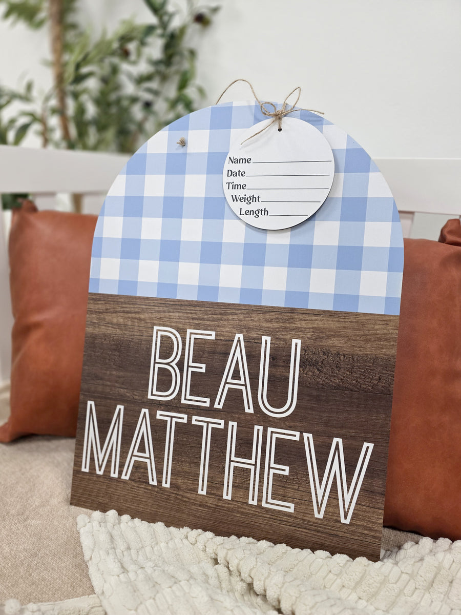 Gingham Faux Wood Arch Hospital Door Hanger