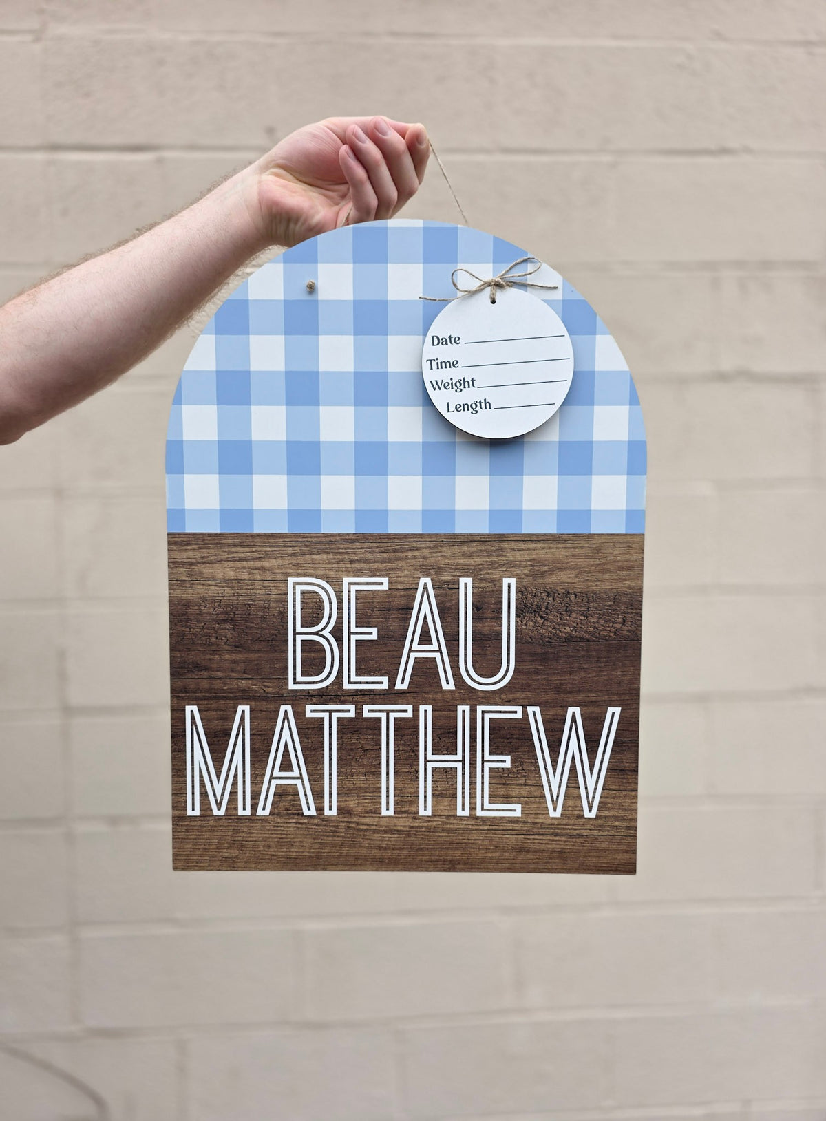 Gingham Faux Wood Arch Hospital Door Hanger