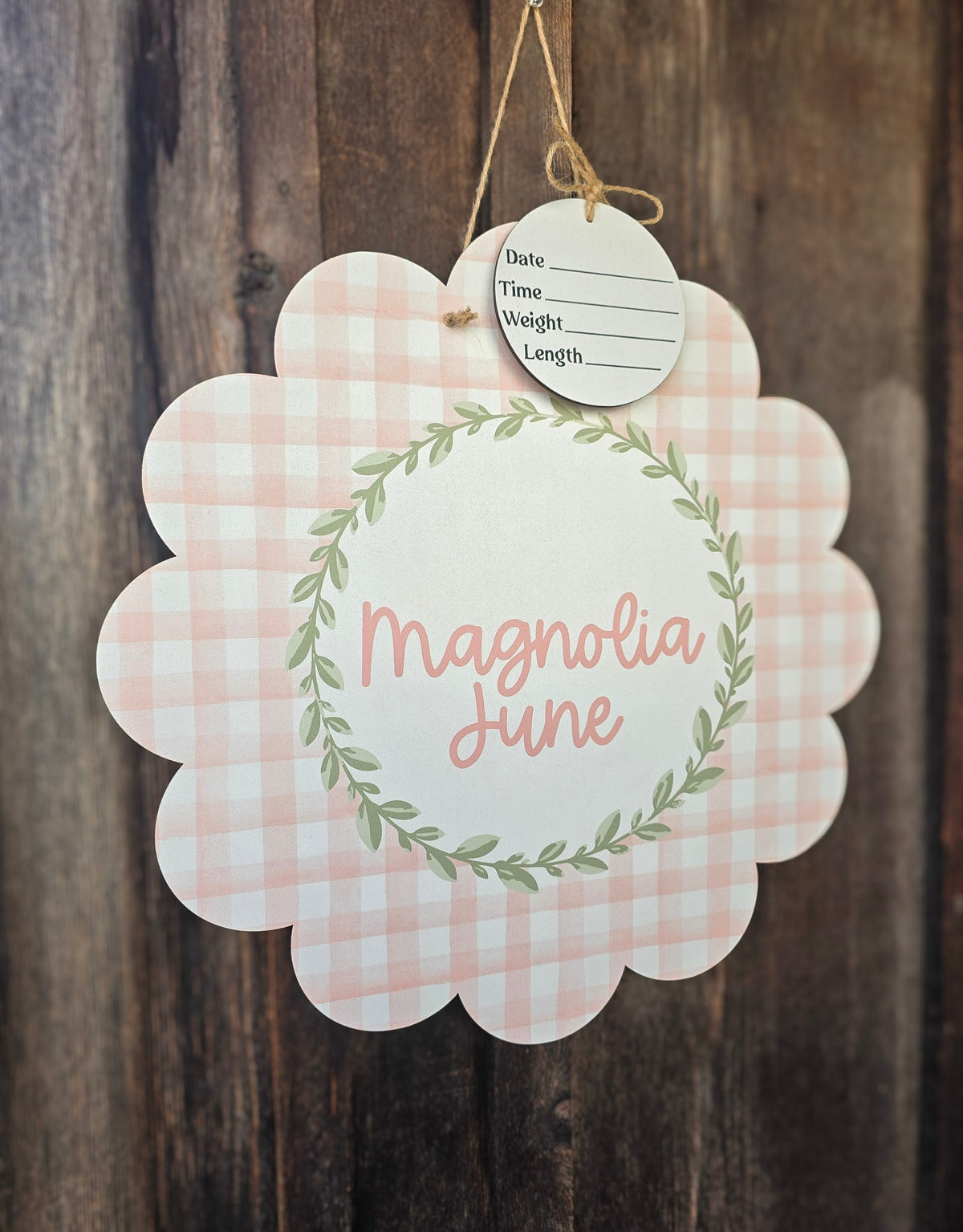 Scalloped Pink Gingham Hospital Door Hanger