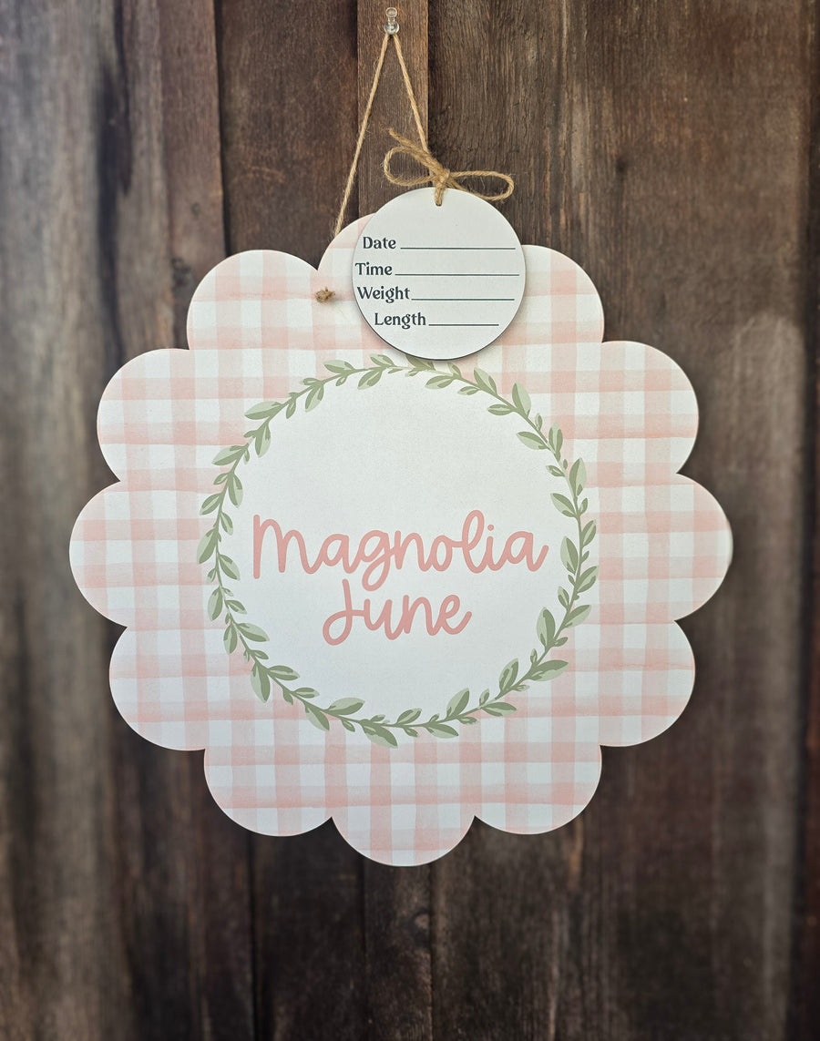 Scalloped Pink Gingham Hospital Door Hanger