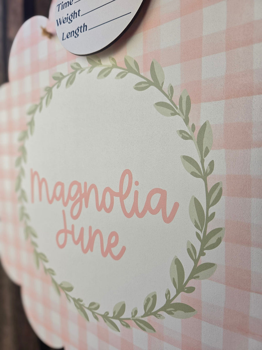 Scalloped Pink Gingham Hospital Door Hanger