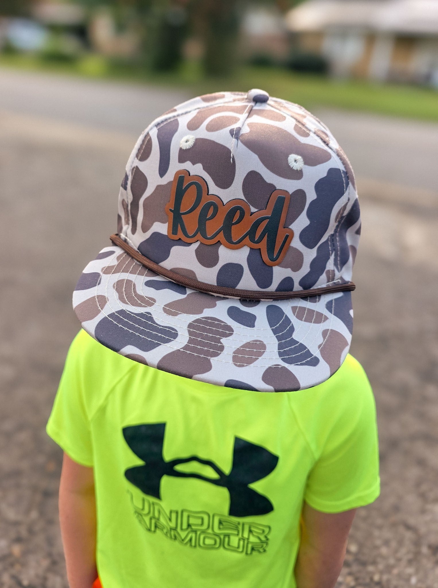 Kids personalized camo rope hat with custom name patch