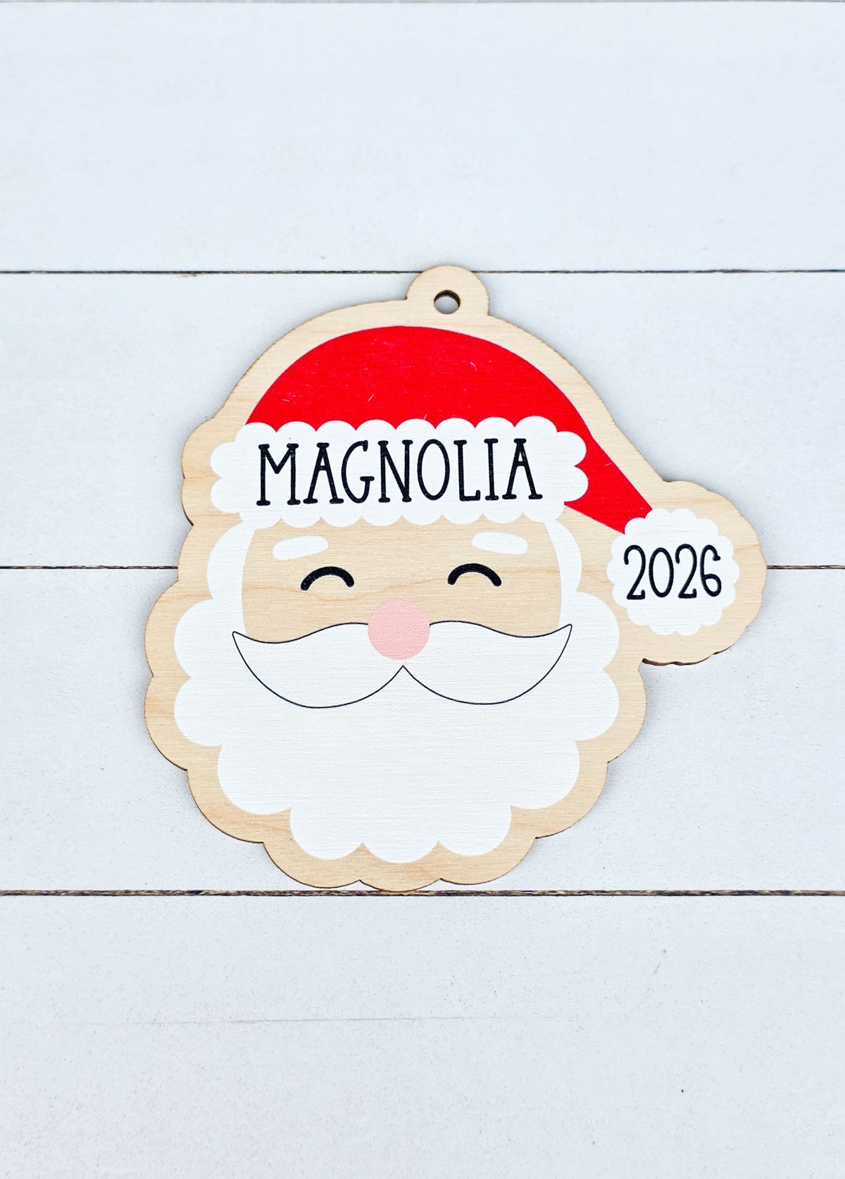 Personalized Santa Christmas ornament with custom name Magnolia and 2026 UV printed on birch wood