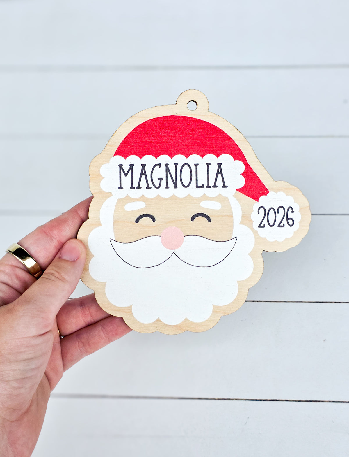 Personalized Santa Christmas ornament with custom name Magnolia and 2026 UV printed on birch wood