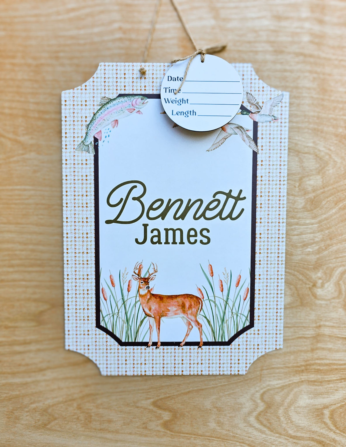 Personalized hunting and fishing hospital door hanger with watercolor deer, rainbow trout, flying ducks, cattails and detachable birth stat round