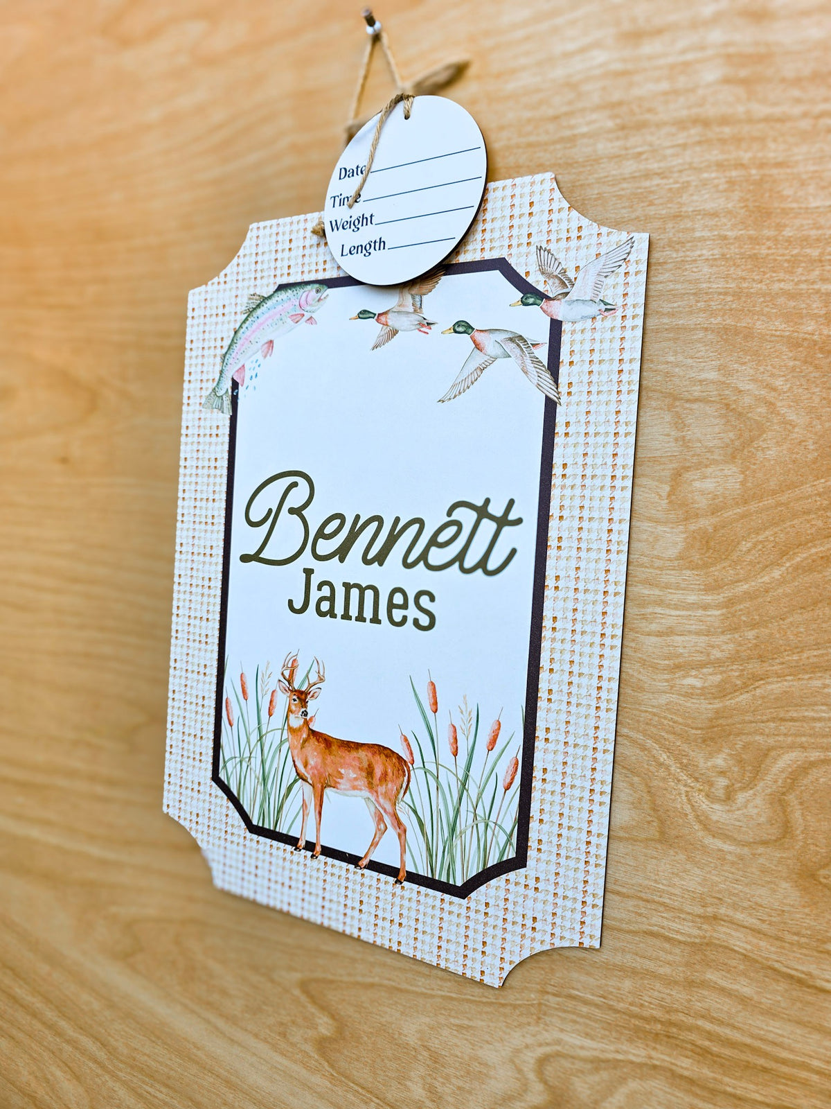 Watercolor whitetail buck and marsh grasses on personalized hunting nursery baby name sign