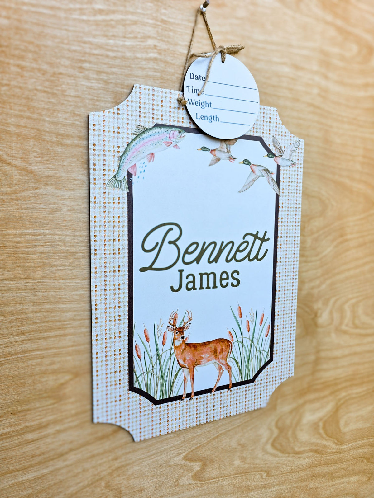 Rainbow trout and flying waterfowl artwork on hunting and fishing hospital door hanger