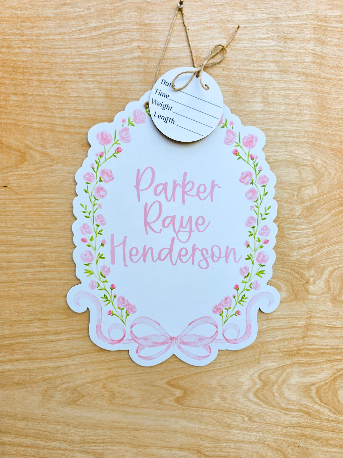 Personalized Pink Rose & Bow Hospital Door Hanger | Baby Name Sign