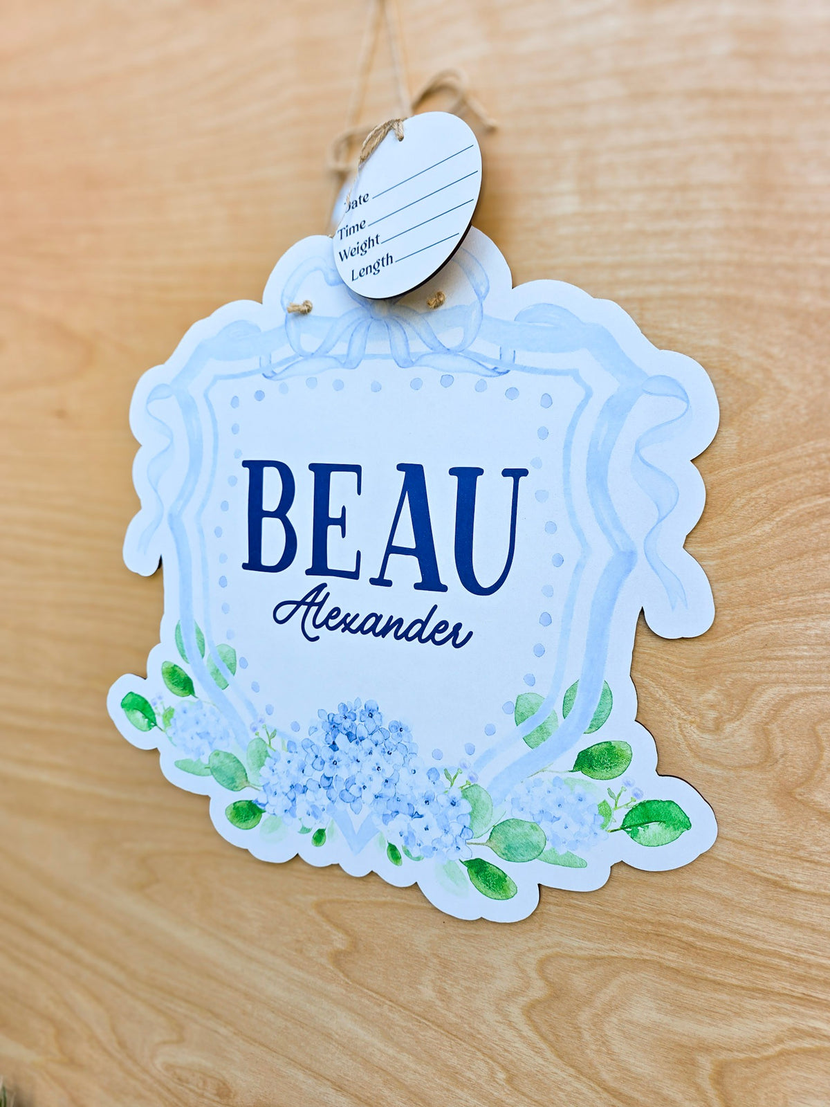 Personalized Blue Hydrangea & Bow Hospital Door Hanger | Baby Name Sign