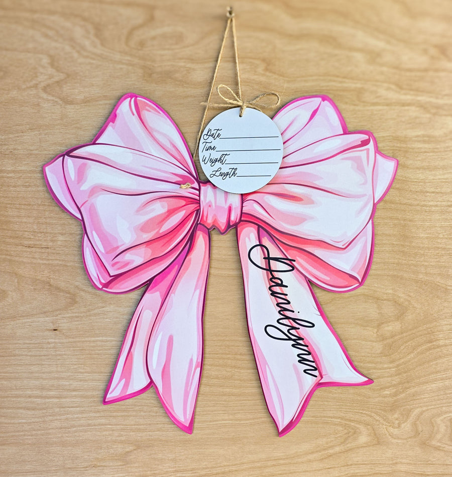 Personalized Pink Bow Hospital Door Hanger | Baby Girl Name Sign