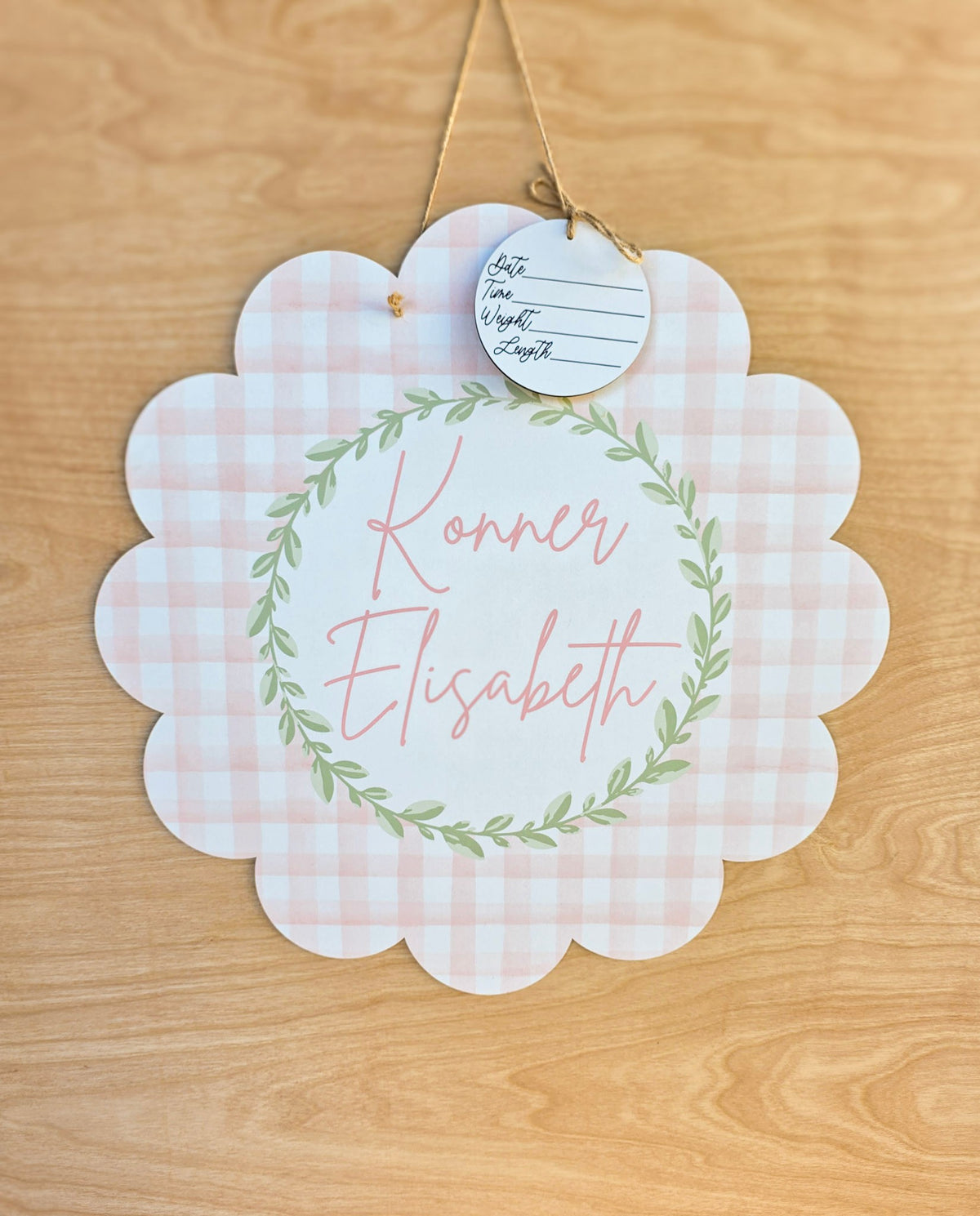 Personalized Scalloped Pink Gingham Hospital Door Hanger