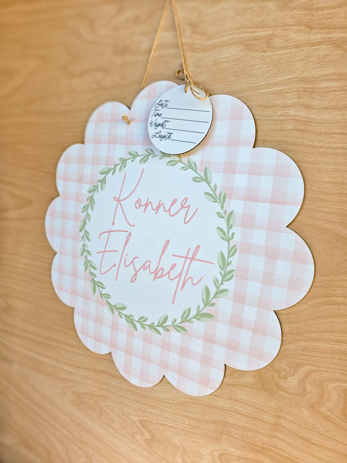Personalized Scalloped Pink Gingham Hospital Door Hanger