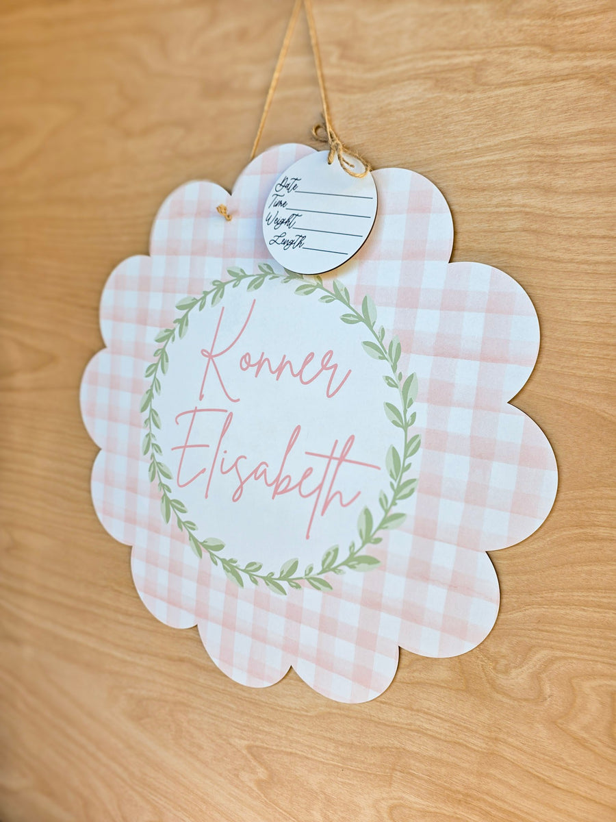 Personalized Scalloped Pink Gingham Hospital Door Hanger