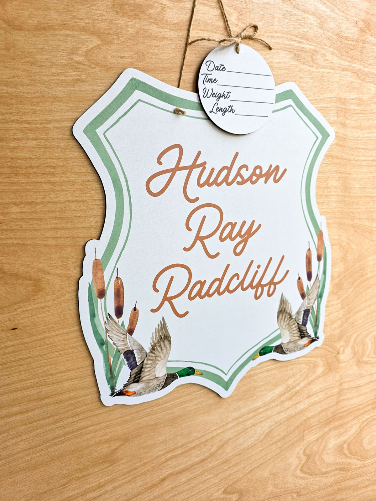 Watercolor cattails and sage green double border on hunting nursery name sign