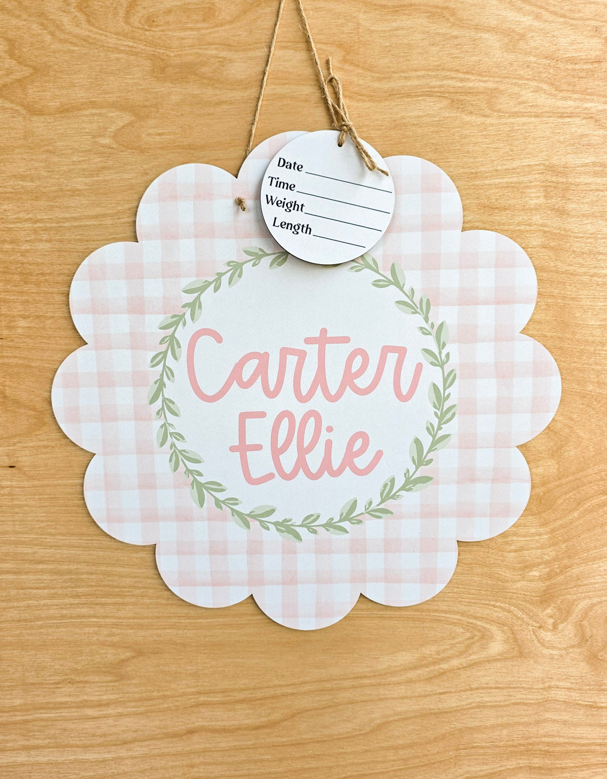 Personalized Scalloped Pink Gingham Hospital Door Hanger