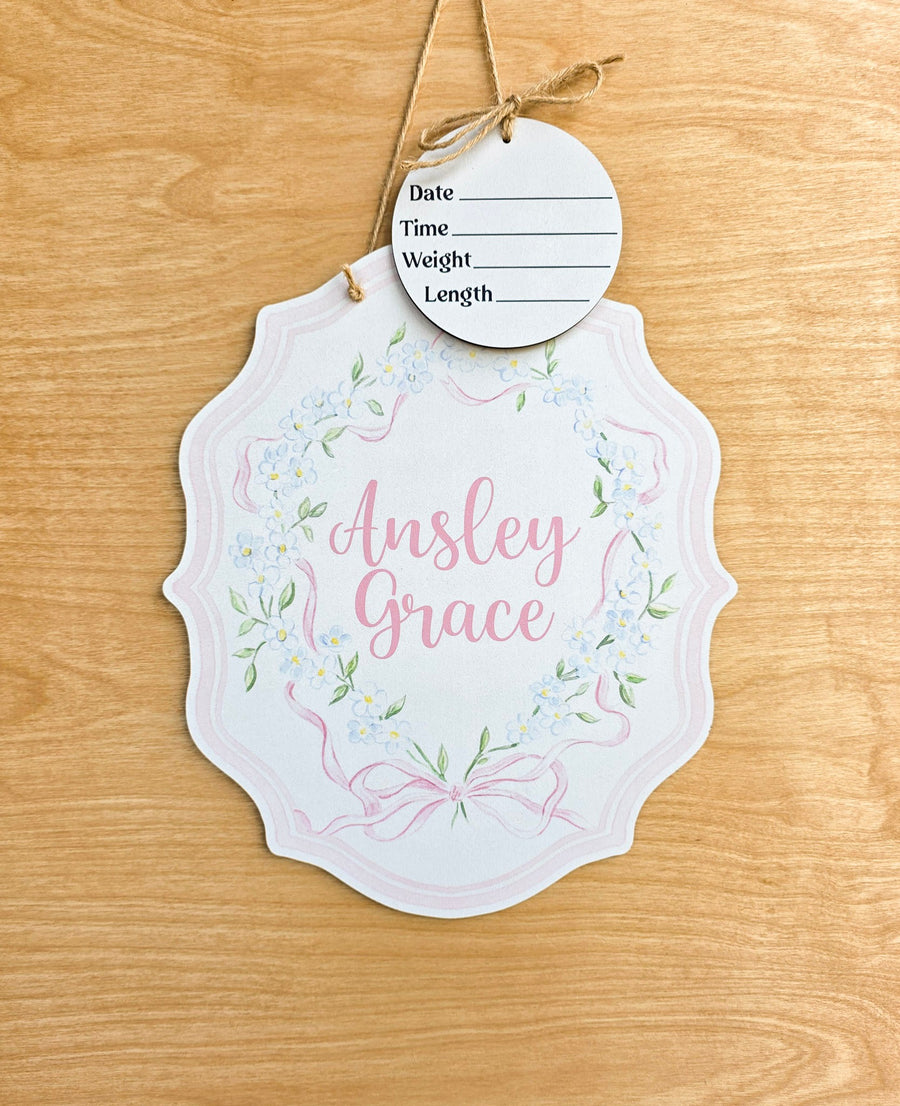 Personalized Soft Floral Coat of Arms Hospital Door Hanger | Baby Name Sign