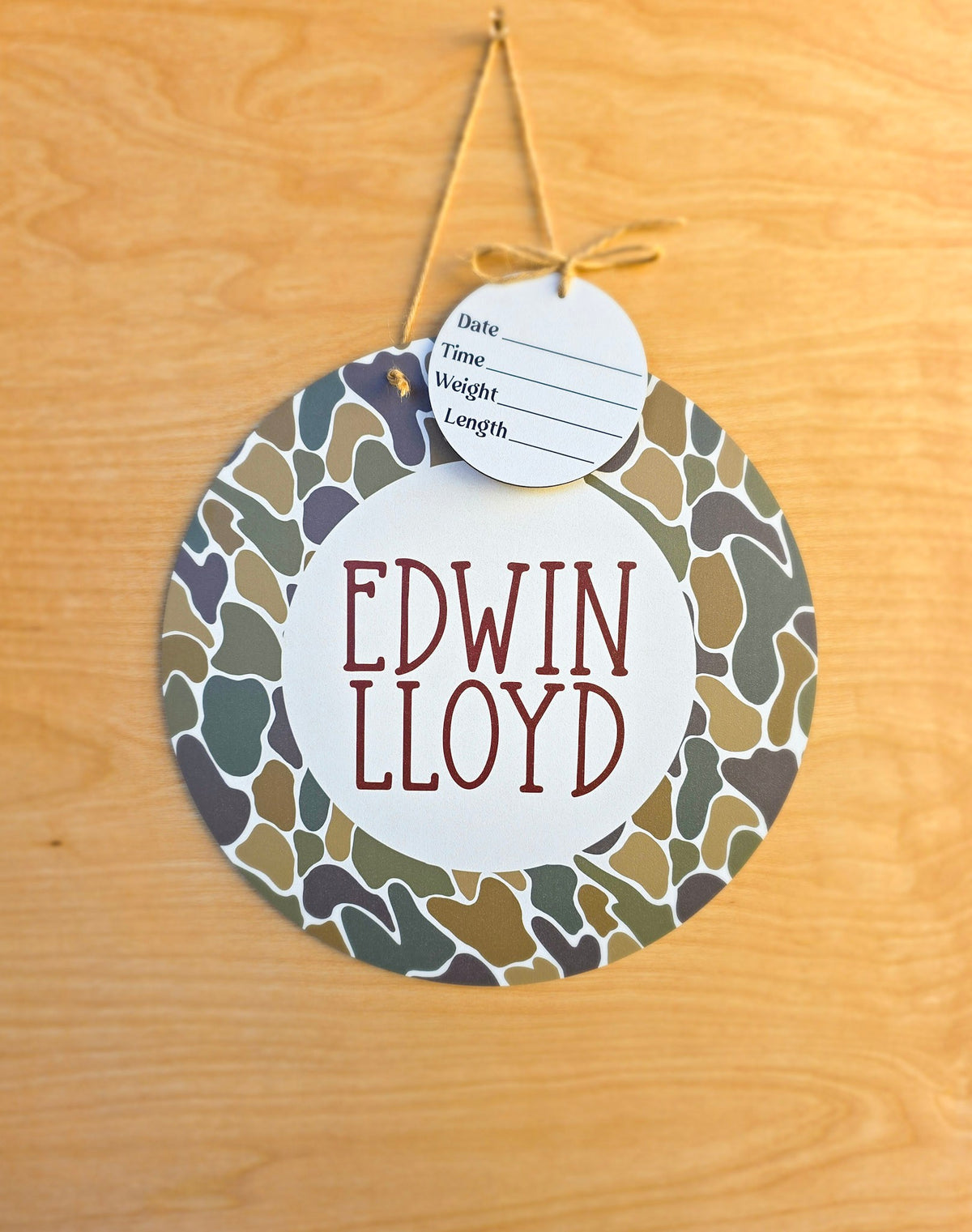 Personalized duck camo hospital door hanger with custom baby name and detachable birth stat round