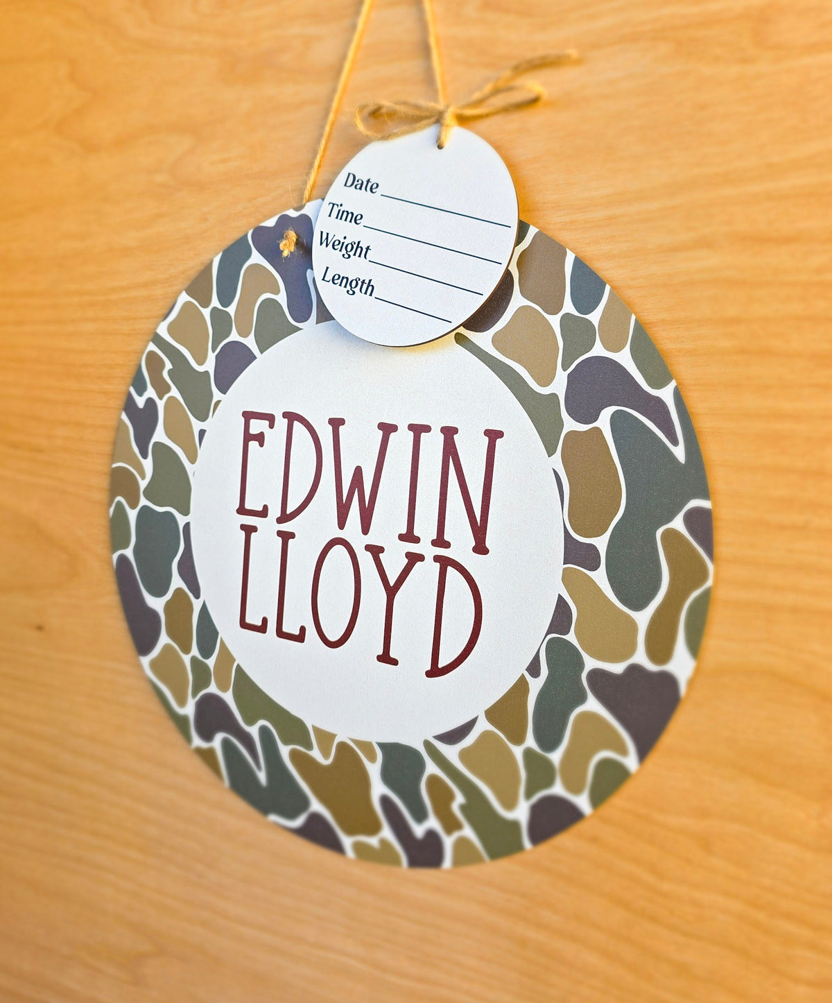 Duck camouflage pattern on personalized baby hospital door sign