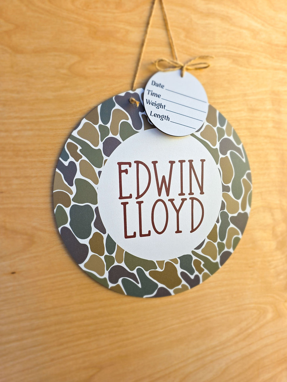 Custom duck camo baby name sign with twine hanger